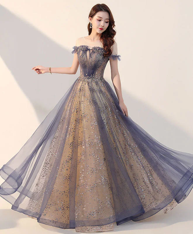 Elegant Tulle Long Prom Dress, Tulle Formal Dress Tunics Prom sequined