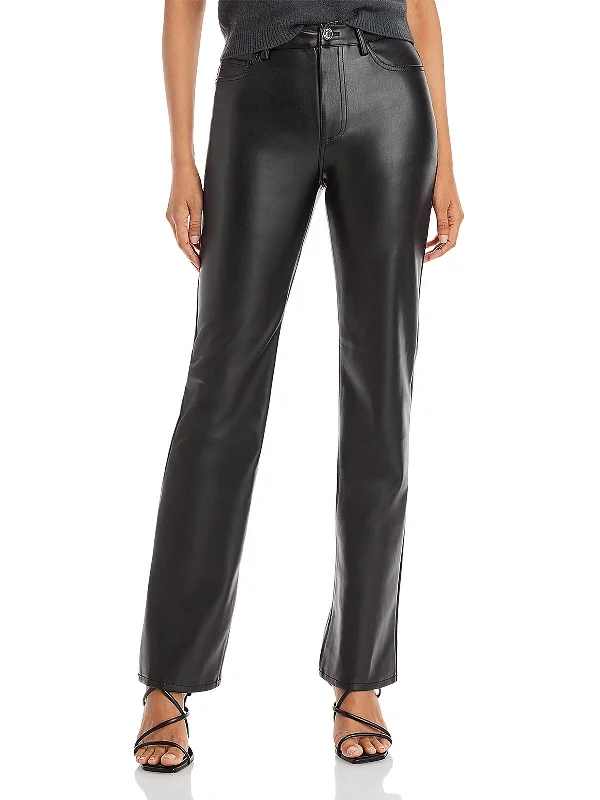 Chisel Womens Faux Leather High Rise Straight Leg Pants Trendy Velvet Pants