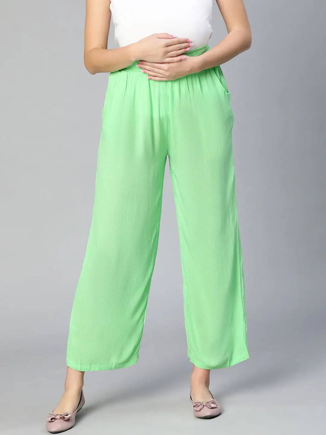 Excellent Elasticated Soild Green Women Maternity Pant Cozy Lounge Pants