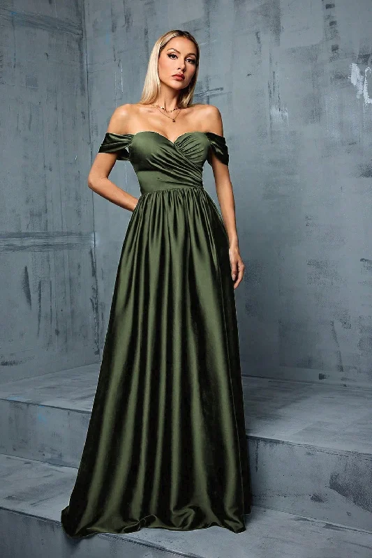 Army Green Off the Shoulder Satin A-Line Long Prom Dress Halter Neckline Beach