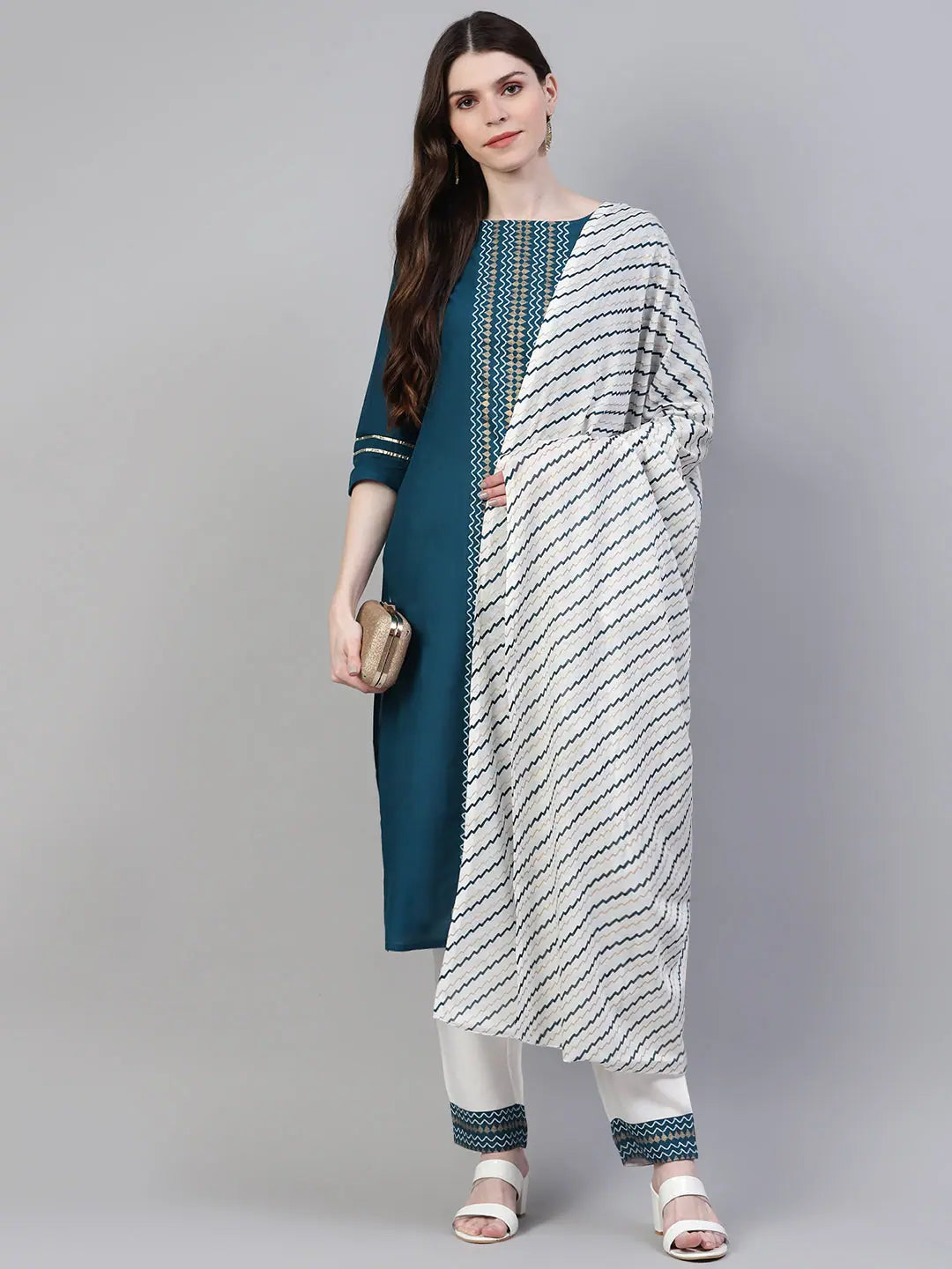 Women's Printed Cotton Straight Kurta Pant Dupatta Set-01F-Tealbluekpd-S Casual Lounge Pants