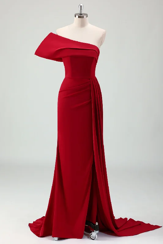 Red Mermaid One Shoulder Pleats Satin Long Prom Dress with Slit Floral Print girly