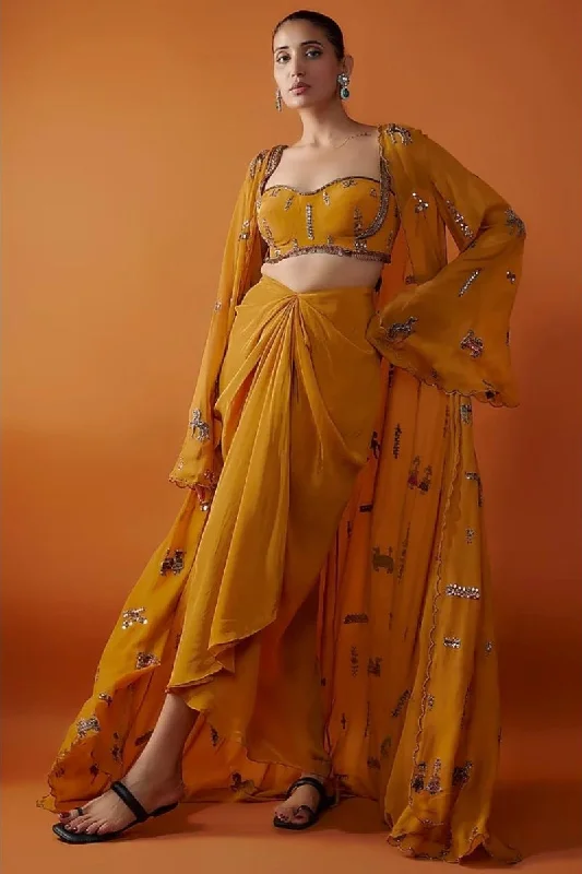 Mustard Drape Skirt And Embroidered Cape Set chiffon skirt airy