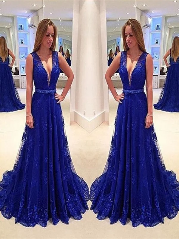 Royal Blue A Line V Neck Sweep Train Lace Prom Dress, Royal Blue Lace Formal Dress Pencil Office Professional Royal Blue A Line V Neck Sweep Train Lace Prom Dress, Royal Blue Lace Formal Dress Pencil Office Professional