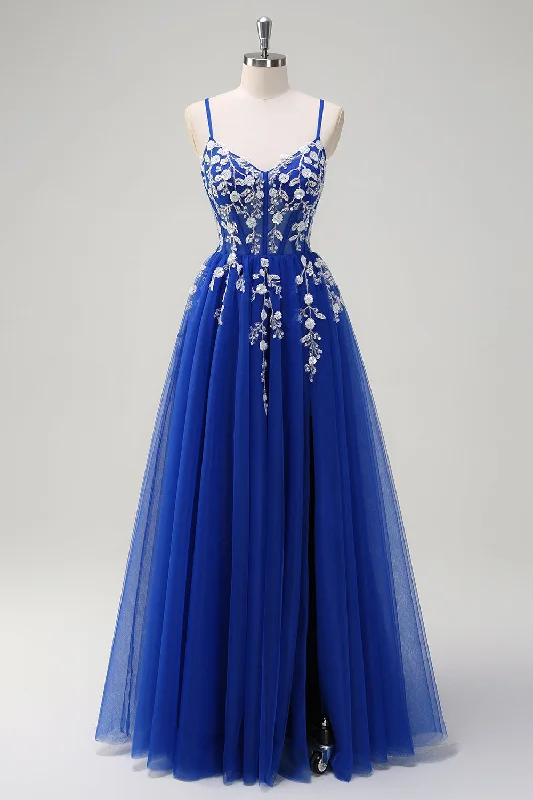 Royal Blue A-Line Spaghetti Straps Applique Sequined Prom Dress with Slit Tunics Handmade artisanal Royal Blue A-Line Spaghetti Straps Applique Sequined Prom Dress with Slit Tunics Handmade artisanal