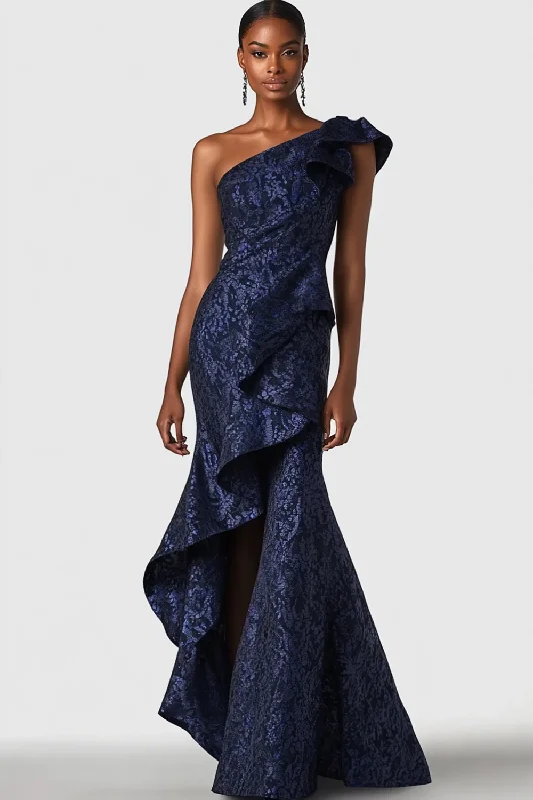 Navy One Shoulder Ruffled Mermaid Formal Dress Tunics Hiking breathable