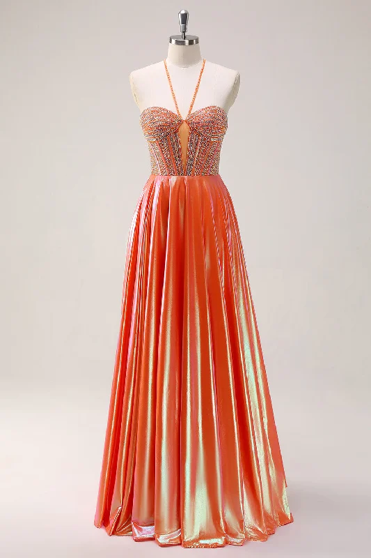 Sparkly Orange A-Line Halter Metallic Long Prom Dress with Beading Tunics Occasion special Sparkly Orange A-Line Halter Metallic Long Prom Dress with Beading Tunics Occasion special