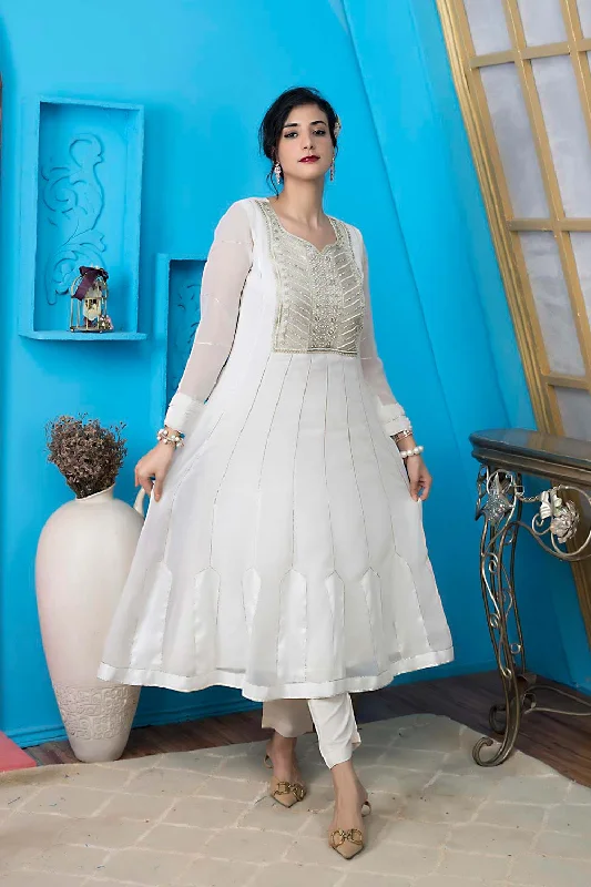 Off-White Embroidered Georgette Anarkali Kurta Pants Set Trendy Work Pants