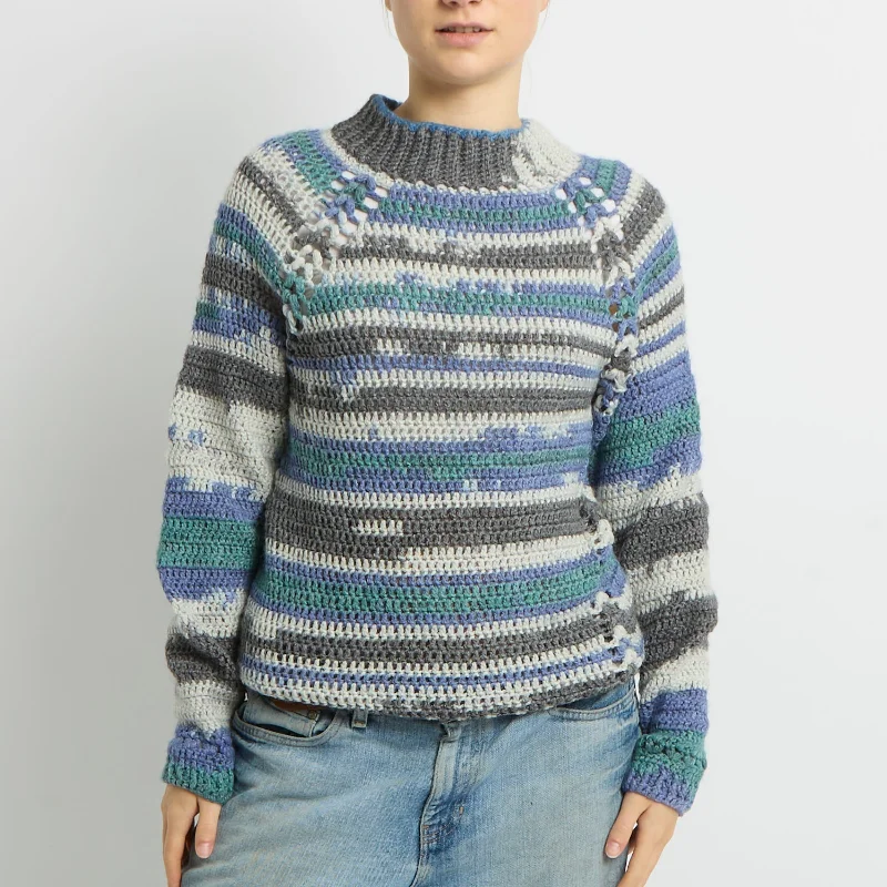 Stripe Knitted Sweatshirt - UK 12 Hoodie with Hem Elastic Stretchable Comfortable