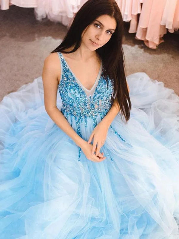 Custom Made A Line V Neck Blue Prom Dress with Sequins, Light Blue V Neck Formal Dresses, Graduation Dress Tunics Seasonal trendy Custom Made A Line V Neck Blue Prom Dress with Sequins, Light Blue V Neck Formal Dresses, Graduation Dress Tunics Seasonal trendy