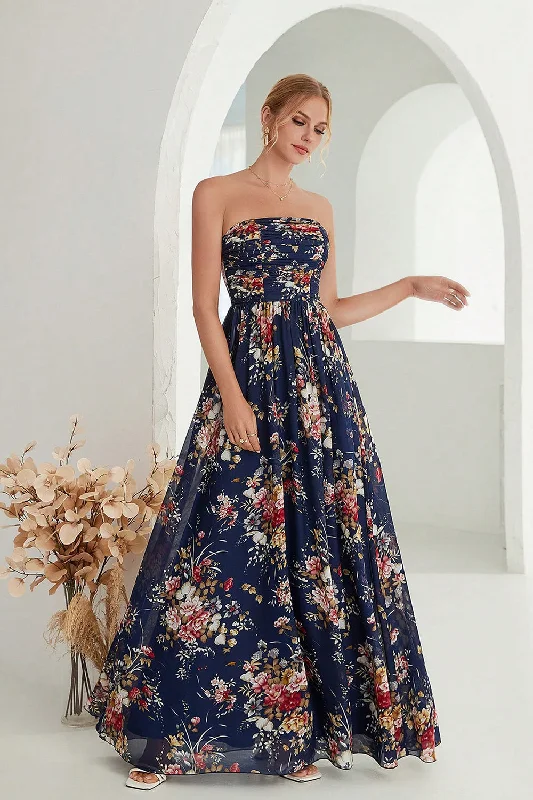 Printed Floral Navy Strapless A Line Long Formal Dress Crew Neckline Sporty