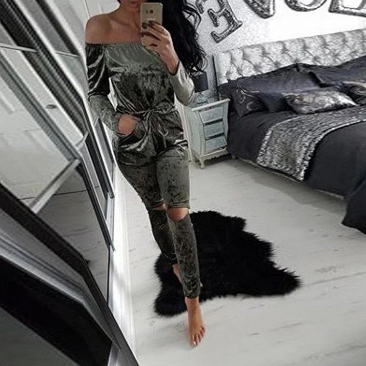Elegant Off Shoulder Velvet Jumpsuit Women Slim Overalls Rompers Casual Long Pants Ladies Jumpsuits Romper Elegant Silk Pants