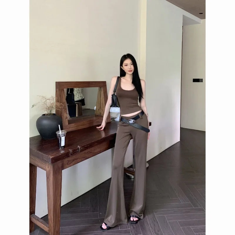 Advbridge -  Sweet Hot Girl Suit Women's Summer Slim Fit Camisole Vest Top Casual Flare Long Pants Two-piece Set Fashion Female Clothes Stylish Paperbag Waist Pants