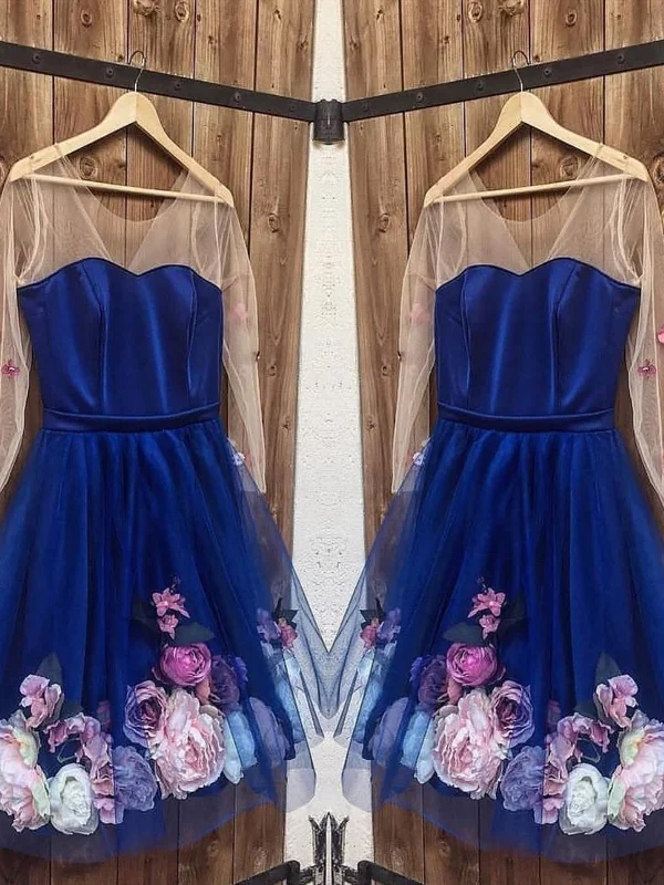 Long Sleeves 3D Floral Short Blue Prom Dresses, Short Blue Formal Graduation Homecoming Dresses Maxi Flowy Bohemian Long Sleeves 3D Floral Short Blue Prom Dresses, Short Blue Formal Graduation Homecoming Dresses Maxi Flowy Bohemian
