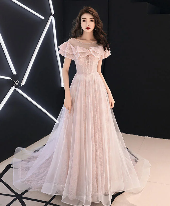 Pink Round Neck Tulle Lace Long Prom Dress, Pink Evening Dress Tunics Sophisticated sleek Pink Round Neck Tulle Lace Long Prom Dress, Pink Evening Dress Tunics Sophisticated sleek