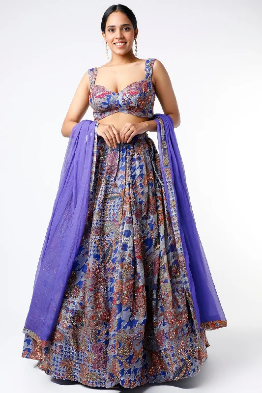 Dodger Blue Juna Organza Printed And Embellished Top And Skirt with Dupatta wool skirt warm