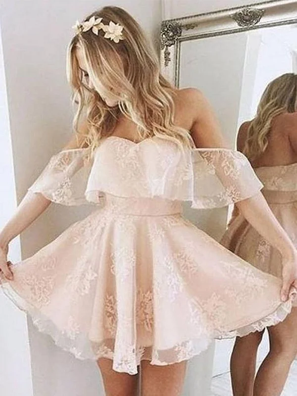 Off Shoulder Short Pink/Blue Lace Prom Dress, Short Pink/Blue Formal Dress, Homecoming Dress, Graduation Dress Crew Neckline Sporty Off Shoulder Short Pink/Blue Lace Prom Dress, Short Pink/Blue Formal Dress, Homecoming Dress, Graduation Dress Crew Neckline Sporty