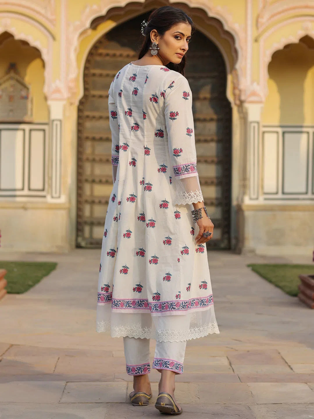 Juniper Women Off-White Cotton Cambric Printed Kalidar Kurta & Pants Set. Formal Stretch Pants