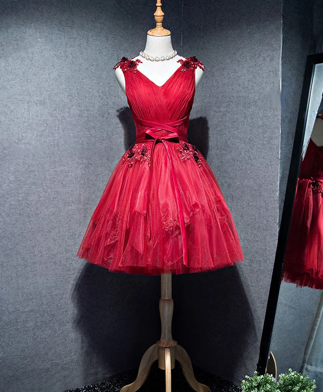 Simple V Neck Tulle Burgundy Homecoming Dress, Burgundy Prom Dress Tunics Sophisticated sleek Simple V Neck Tulle Burgundy Homecoming Dress, Burgundy Prom Dress Tunics Sophisticated sleek