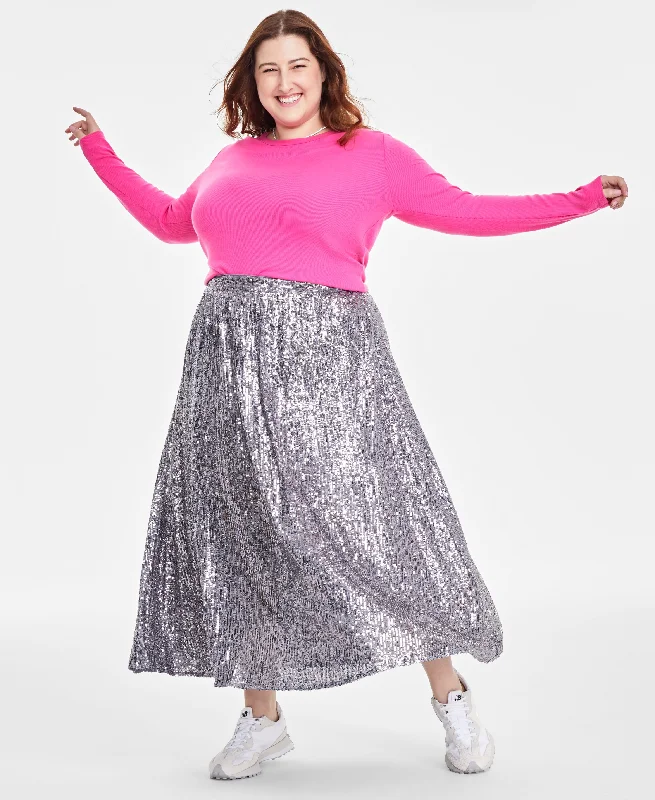 Plus Size Sequin Pleated Midi Skirt corduroy skirt cozy