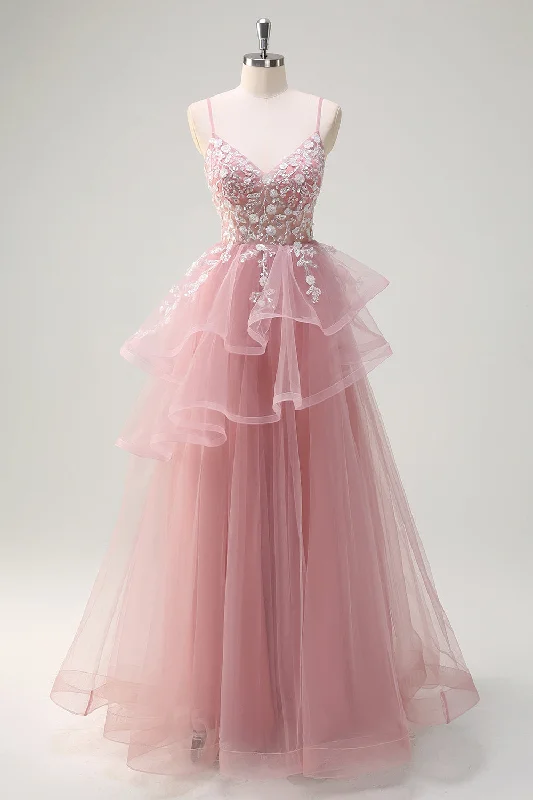Grey Pink A-Line Spiral Ruffle Tiered Long Corset Prom Dress with Appliques Tunics Versatile all-occasion Grey Pink A-Line Spiral Ruffle Tiered Long Corset Prom Dress with Appliques Tunics Versatile all-occasion