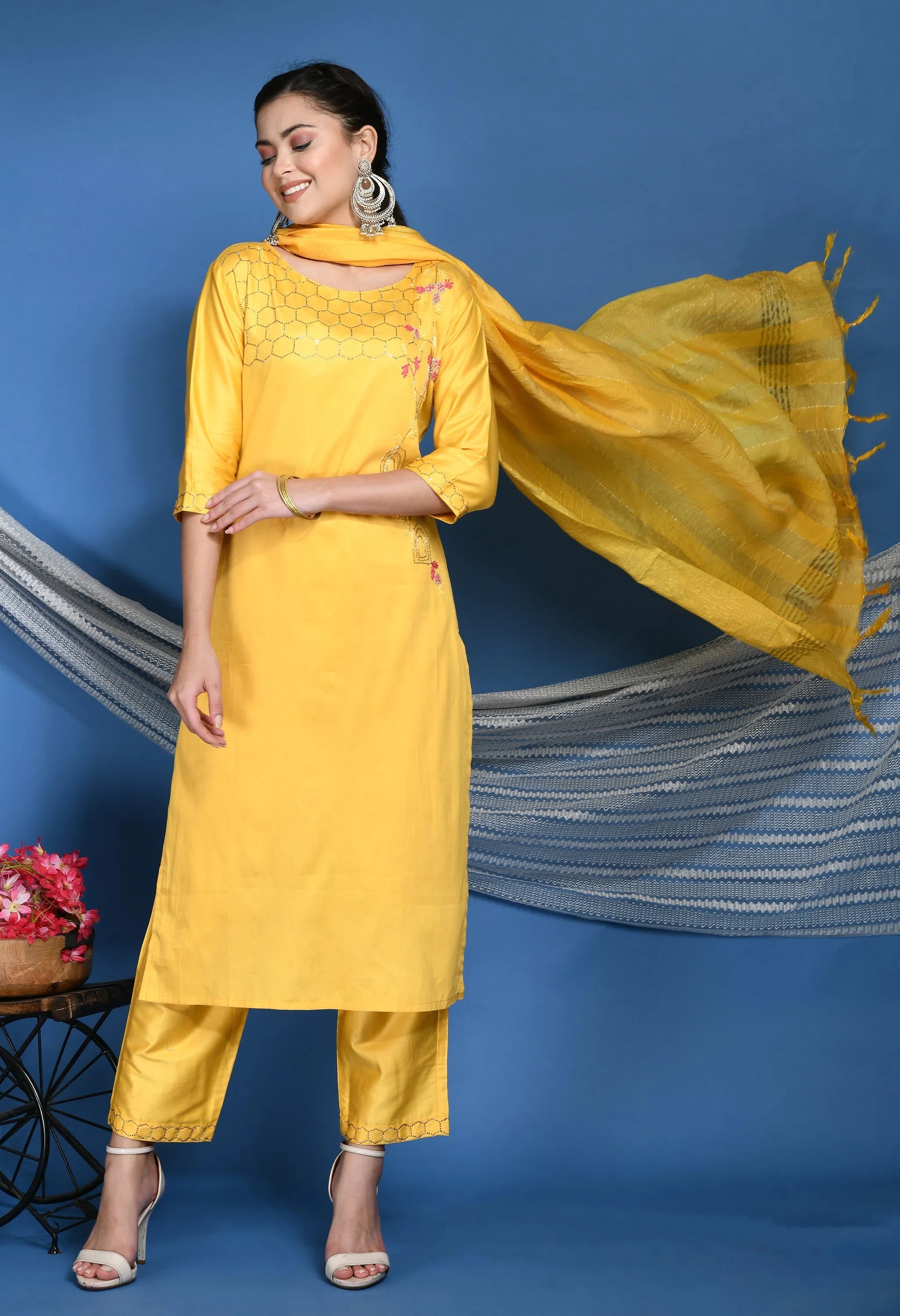 Women Yellow Honeycomb Embroided Designer Kurta Pant Set Formal Dress Pants