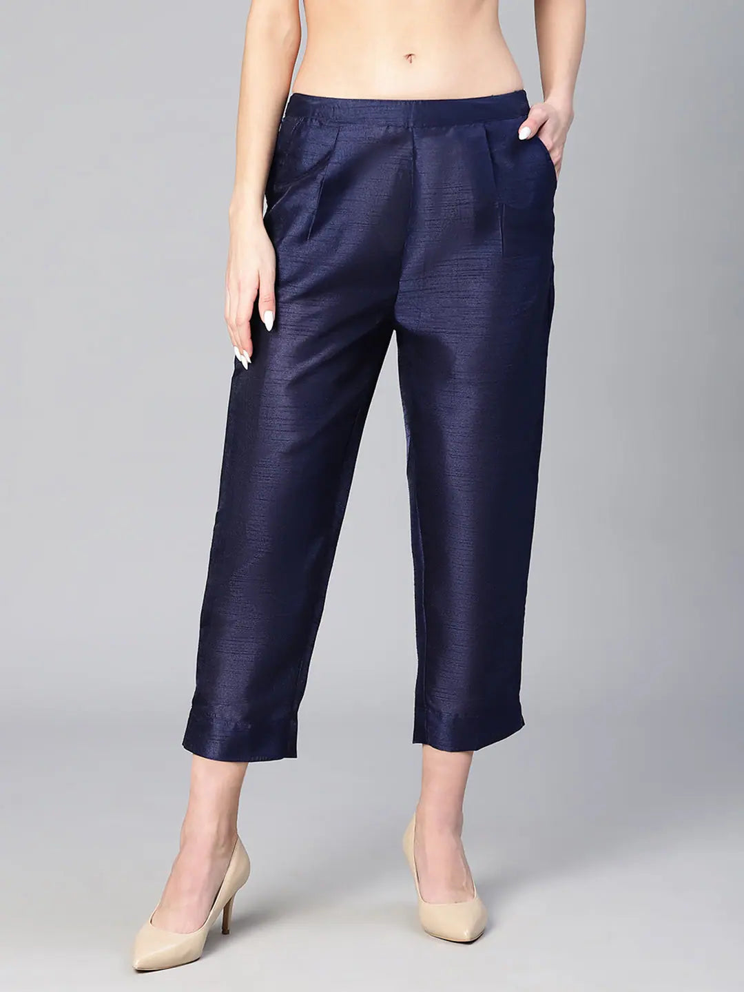 Pure Navy Blue Elasticated Women Pant Stylish Casual Pants