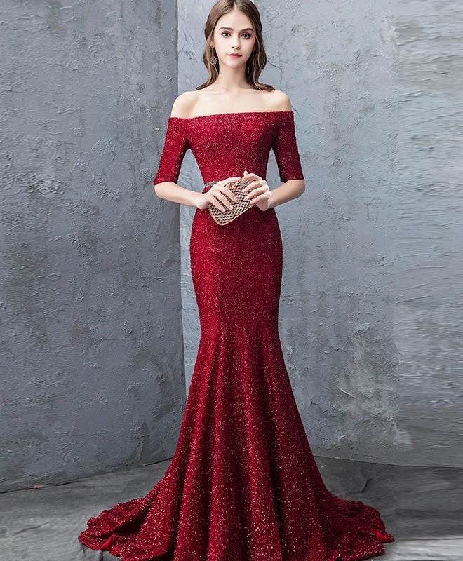 Unique Burgundy Mermaid Long Prom Dress, Burgundy Evening Dress Boat Neckline Classic Unique Burgundy Mermaid Long Prom Dress, Burgundy Evening Dress Boat Neckline Classic