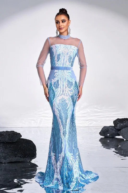 Ligth Blue Mermaid Printed Illusion Sleeves Prom Dress Tunics Trendy modern