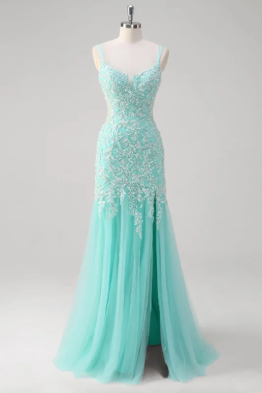 Sparkly Mint Mermaid Lace Long Prom Dress with Slit Tunics Luxurious high-end