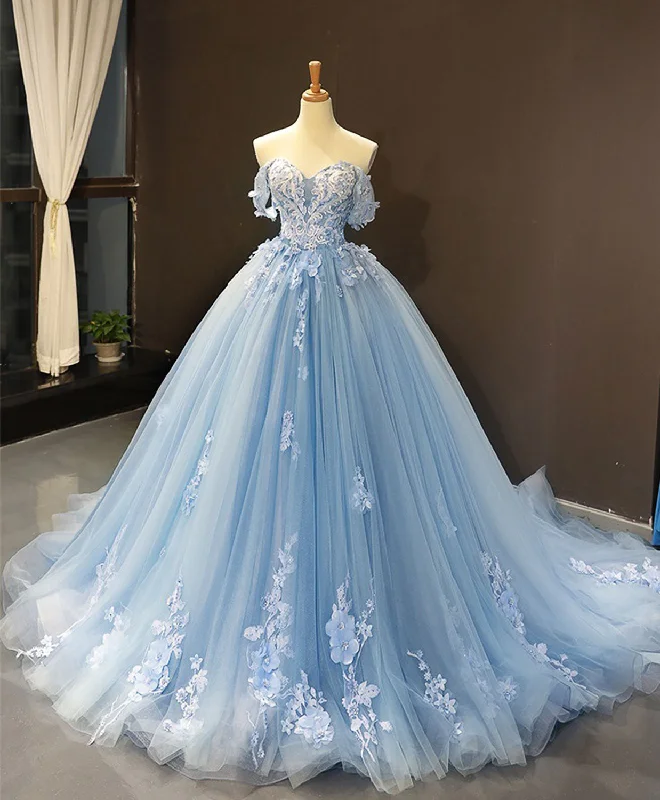 Blue Off Shoulder Tulle Lace Long Prom Dress, Blue Formal Ball Gown Evening Dress Tunics Denim casual Blue Off Shoulder Tulle Lace Long Prom Dress, Blue Formal Ball Gown Evening Dress Tunics Denim casual
