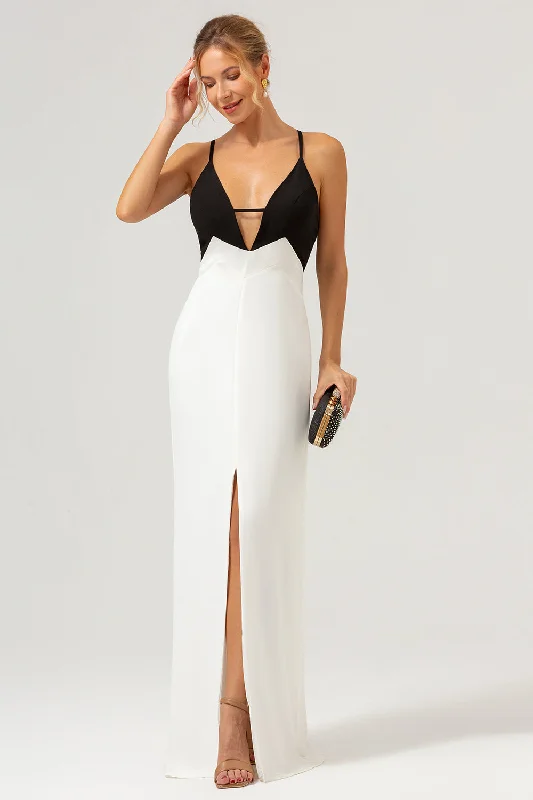 Black White Sheath Spaghetti Straps V Neck Long Prom Dress With Front Split A-Line Day Work Black White Sheath Spaghetti Straps V Neck Long Prom Dress With Front Split A-Line Day Work