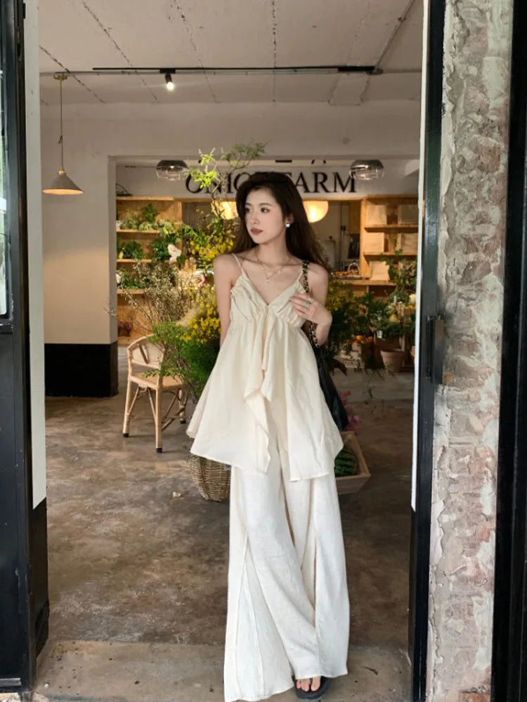 Advbridge -  Sweet Hot Girl Casual Beige Suit Women's Spring Irregular V-neck Strap Top Wide Leg Pants Two-piece Set Fashion Female Clothes Casual Wide Pants