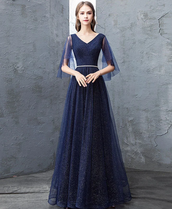 Dark Blue Sequin Tulle Long Prom Dress, Dark Blue Evening Dress Tunics Leisure comfortable Dark Blue Sequin Tulle Long Prom Dress, Dark Blue Evening Dress Tunics Leisure comfortable