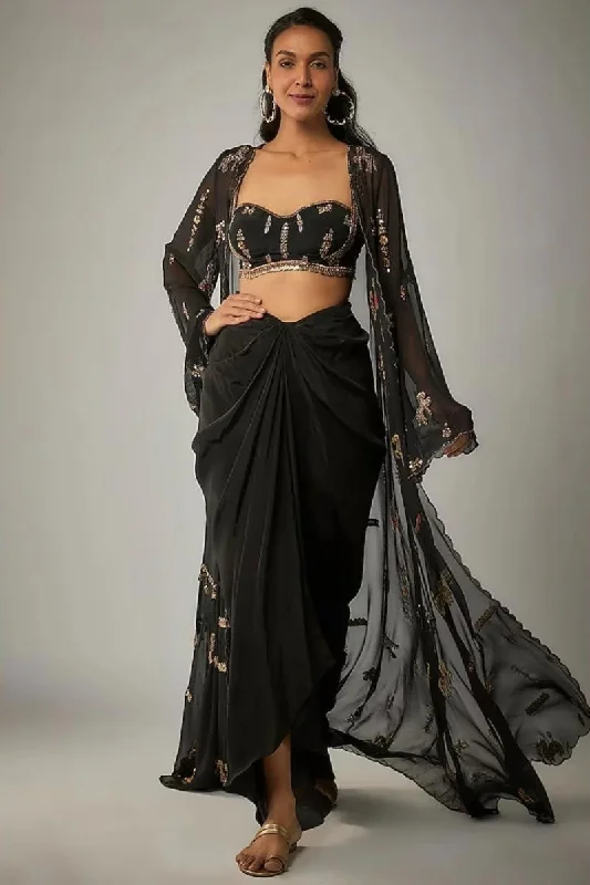 Black Drape Skirt And Embroidered Cape Set high slit skirt