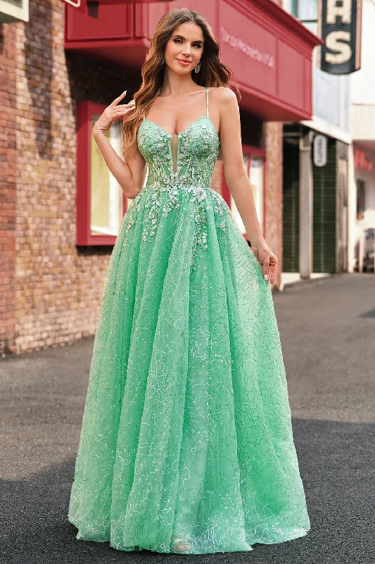 A Line Sparkly Light Green Spaghetti Straps Corset Tulle Prom Dress with Slit Tunics Distressed trendy A Line Sparkly Light Green Spaghetti Straps Corset Tulle Prom Dress with Slit Tunics Distressed trendy
