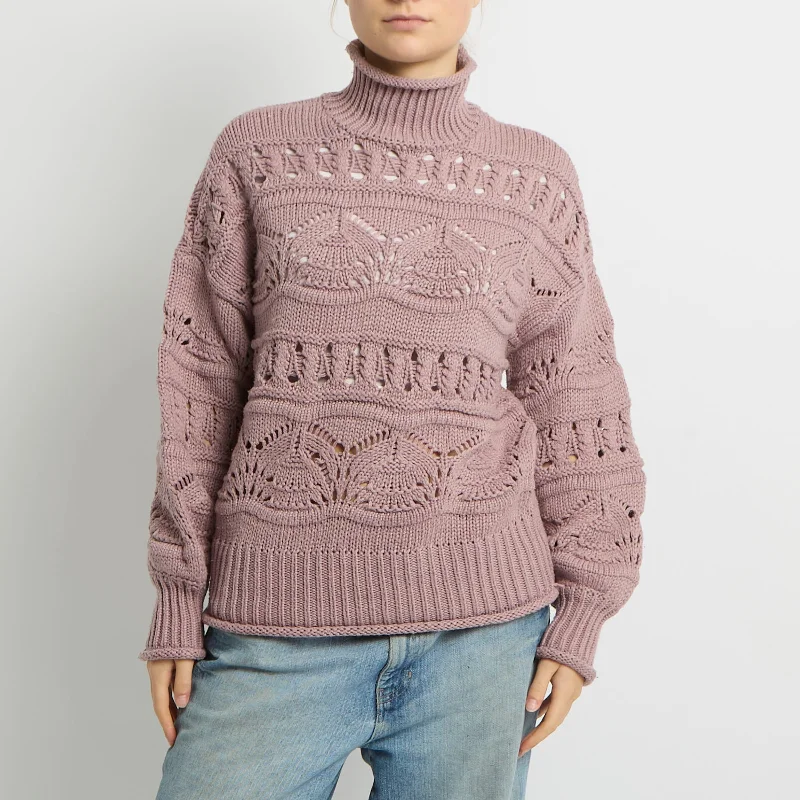 Chunky Patterned Knit Polo Neck Sweatshirt - UK 12 Hoodie with Hood Adjustable Protection
