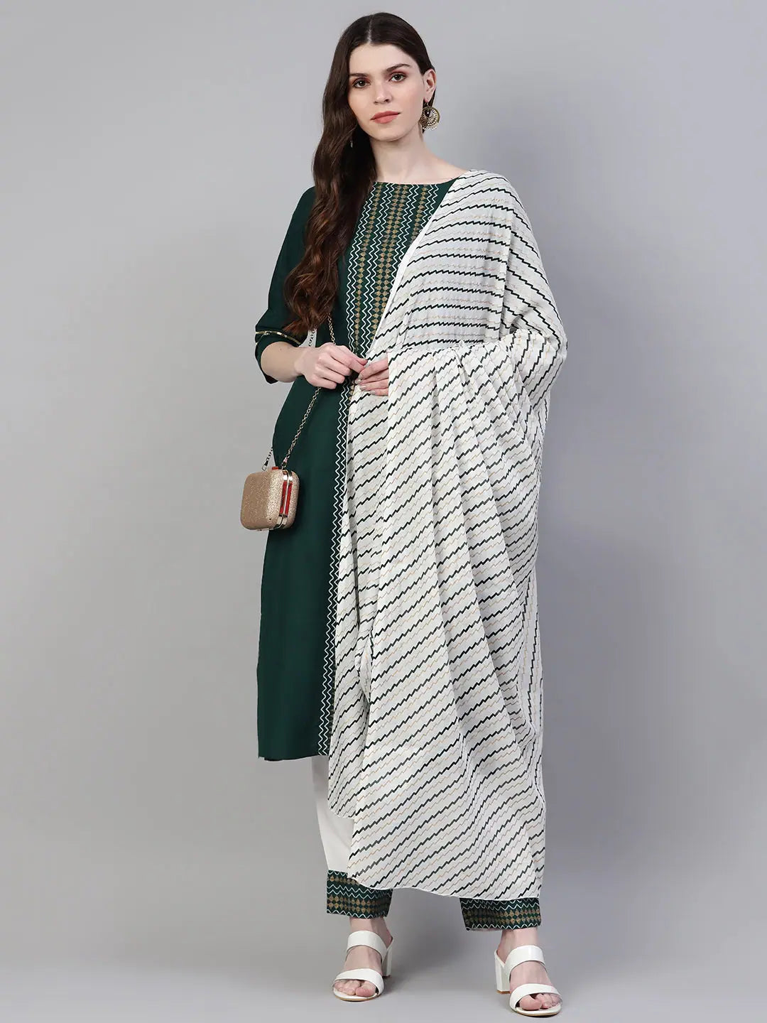 Women's Printed Cotton Straight Kurta Pant Dupatta Set-01F-greenkpd-S Classic Flared Pants