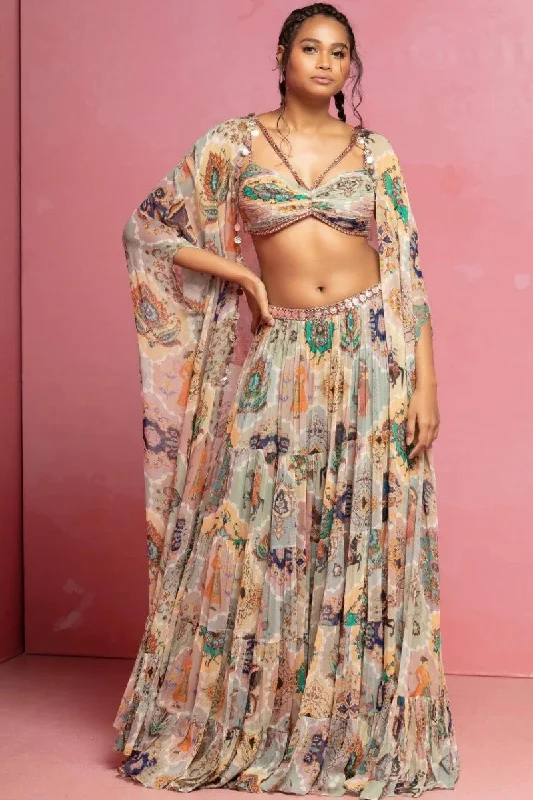 Cream Printed Flowy Skirt And Cape Set corduroy skirt textured