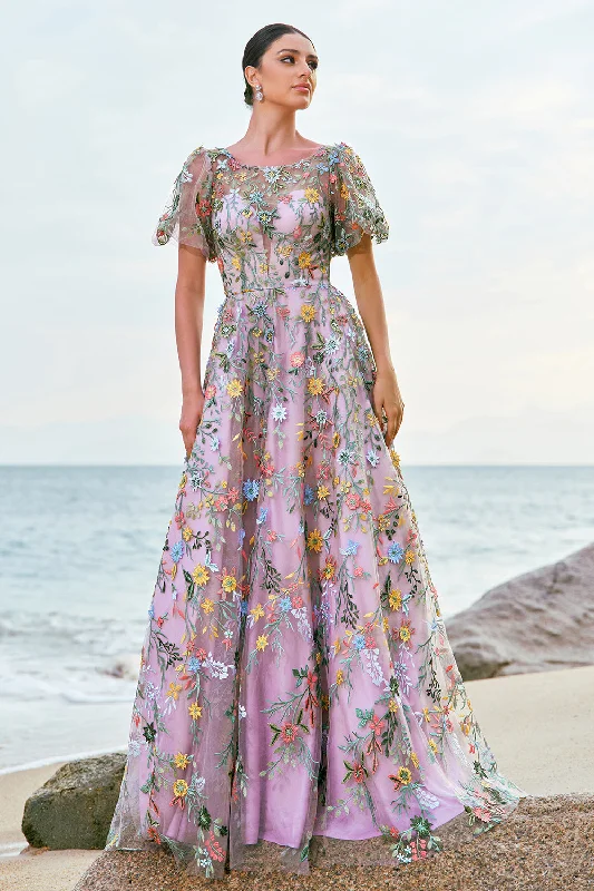 Mauve Ball-Gown/Princess Long Embroidered Prom Dress with Short Sleeves A-Line Day Work Mauve Ball-Gown/Princess Long Embroidered Prom Dress with Short Sleeves A-Line Day Work