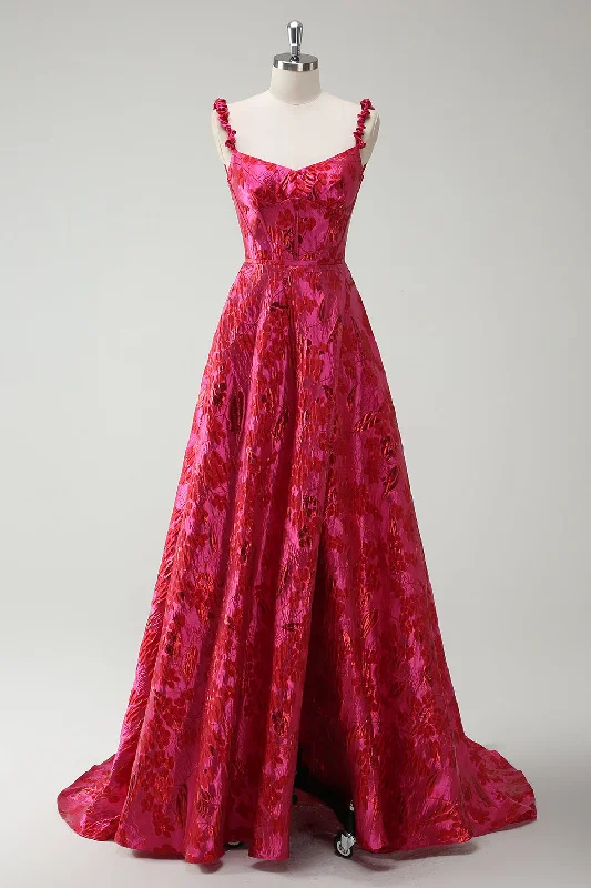 Fuchsia A-Line Spaghetti Straps Floral Jacquard Long Prom Dress with Slit Boatneck Modish Everyday Fuchsia A-Line Spaghetti Straps Floral Jacquard Long Prom Dress with Slit Boatneck Modish Everyday