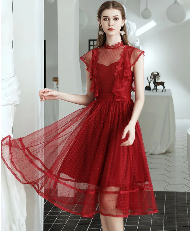 Burgundy Tulle Lace Short Prom Dress, Homecoming Dress Tunics Versatile stylish