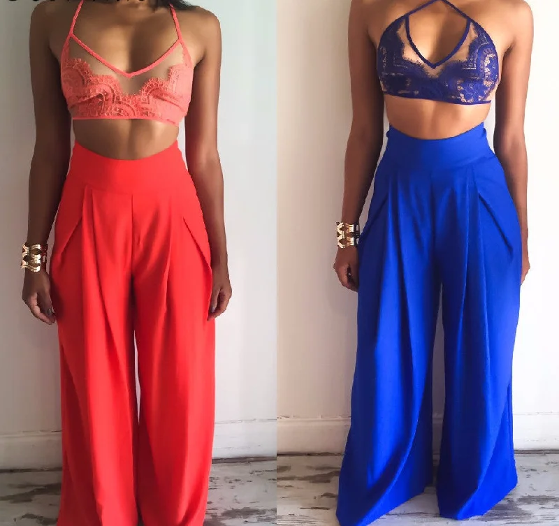 Fashion lace top 2 Pieces Jumpsuit Long pants Strapless Crop Tops High Waist Wide Leg Pants Rompers Red/blue Fashionable Button-Up Pants
