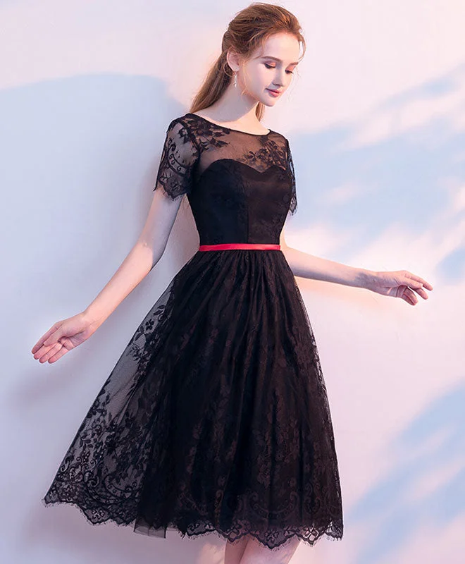 Black Lace Short Prom Dress, Black Homecoming Dress Elegant Long Evening