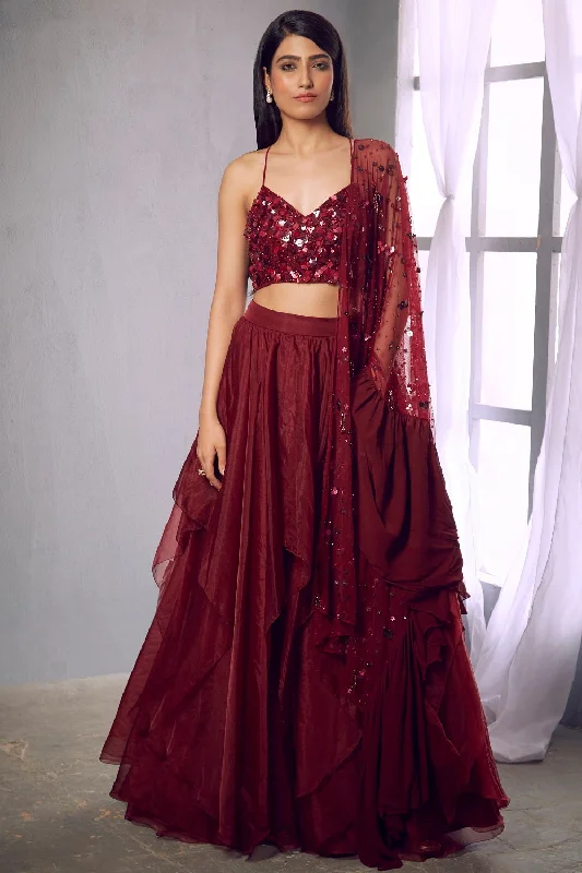 Maroon embroidered halter crop with skirt velvet skirt plush