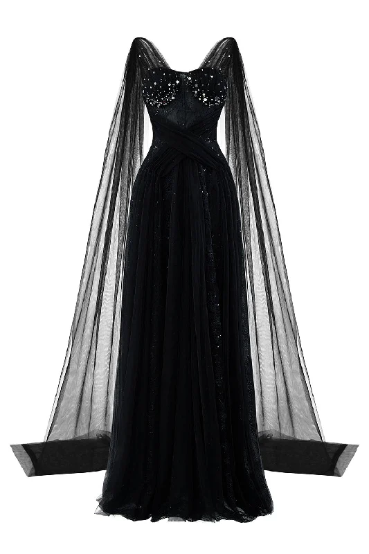 Nyxara A-line Symmetric Flap Mesh Lace Floor Length Dress Tunics Fashionable trendy