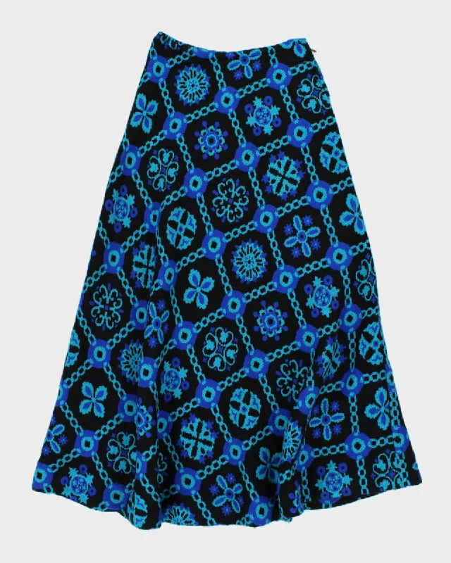 Vintage Blue & Black Printed Knit Skirt - S/M ribbed skirt waist