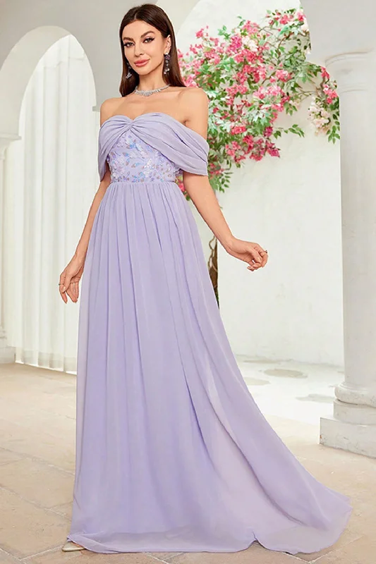 Off The Shoulder Grey Purple Floral Long Prom Dress Tunics Plaid country