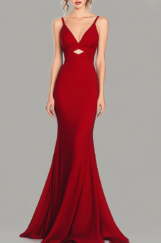 Red V-Neck Cut Out Mermaid Formal Dress Tunics Yoga stretchy