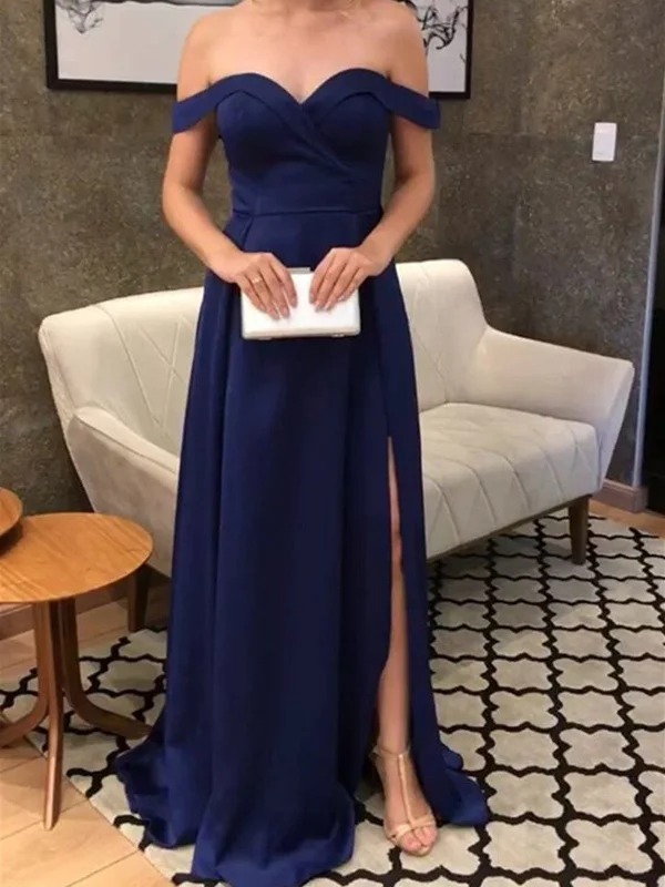 A Line Off Shoulder Blue Prom Dresses with Leg Slit, Off Shoulder Blue Formal Graduation Evening Dresses Cowl Neckline Elegant A Line Off Shoulder Blue Prom Dresses with Leg Slit, Off Shoulder Blue Formal Graduation Evening Dresses Cowl Neckline Elegant